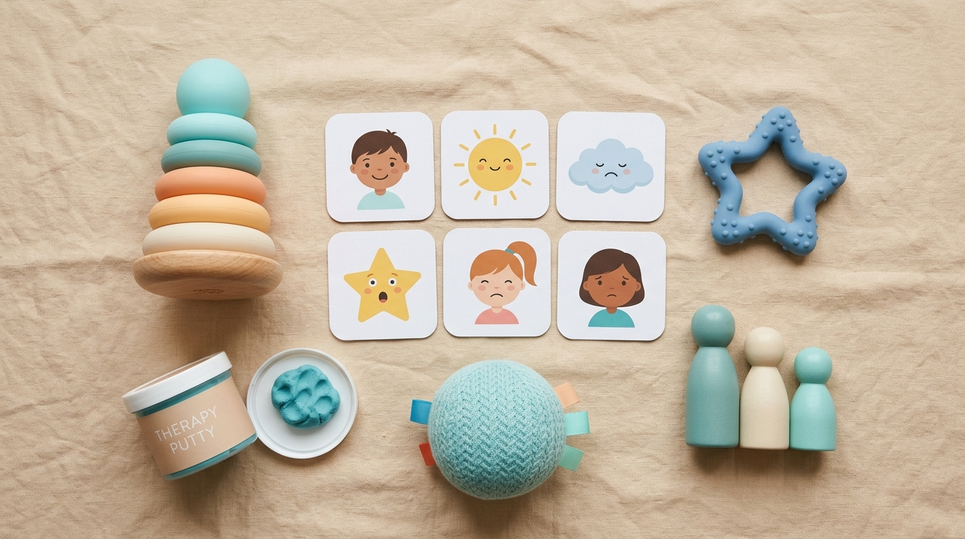 Children's therapy practice tools on a calm sand background